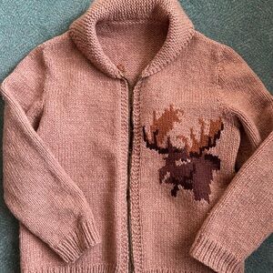 Vintage Cowichan Men's Brown Zip-Up Wool Sweater with Moose Design Large